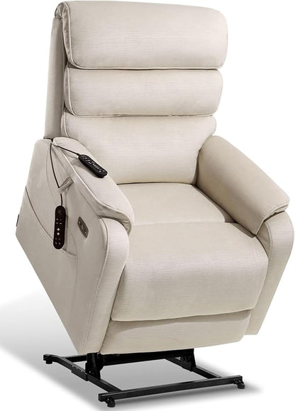 EONIX Dual Motor Lay Flat Power Lift Recliner Chair for Elderly, Chenille Fabric Electric Lift Chairs for Adults, 400lbs Heavy Duty Power Recliner with Heat Massage Charging Ports, Chenille White