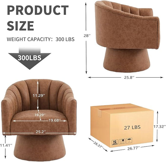Swivel Accent Chair Set of 2,Faux Leather 360°Swivel Barrel Chair Upholstered Modern Living Room Chair, Overstuffed Reading Armchair for Bedroom,Vanity,Office-Brown