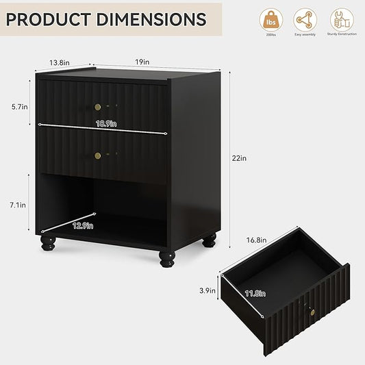 Modern Nightstand Set of 2, Fluted End Table with Open Shelf, Night Stand with 2 Drawers for Bedroom (2,Black)