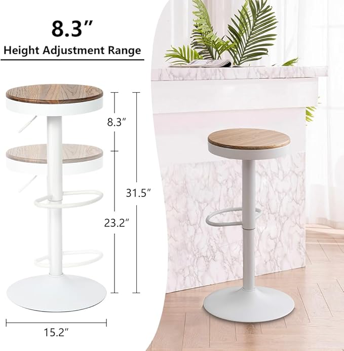 Kidol & Shellder Bar Stools Set of 2 White Round Adjustable Swivel Barstools Modern Backless Bar Chairs Wooden Seat Counter Height Stools Armless for Kitchen Island, Cafe, Dining Room