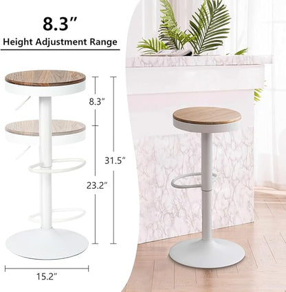Kidol & Shellder Bar Stools Set of 2 White Round Adjustable Swivel Barstools Modern Backless Bar Chairs Wooden Seat Counter Height Stools Armless for Kitchen Island, Cafe, Dining Room
