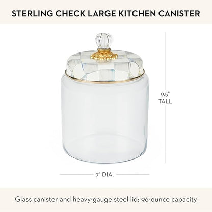 MACKENZIE-CHILDS Sterling Check Kitchen Canister, Decorative Gray-and-White Glass Storage Jar with Lid, Large