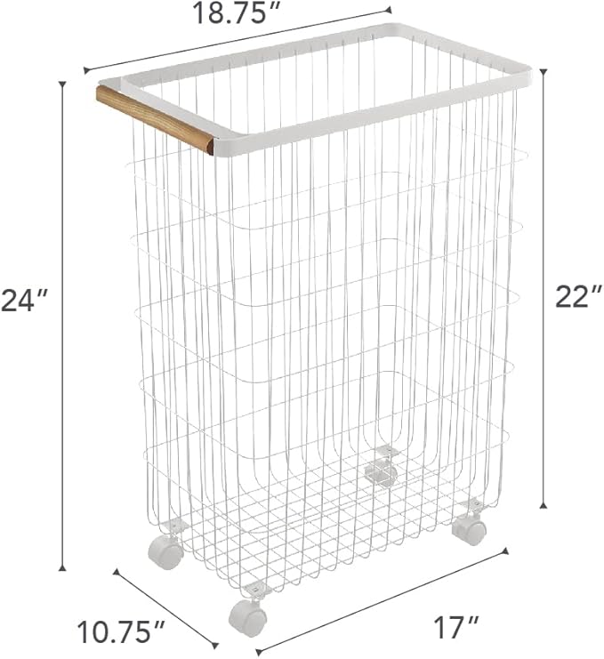 Yamazaki Home Wire Slim Saving Rolling Wheeled Clothing Hamper | Steel + Wood | Laundry Basket, One Size, White