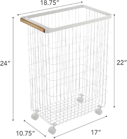 Yamazaki Home Wire Slim Saving Rolling Wheeled Clothing Hamper | Steel + Wood | Laundry Basket, One Size, White