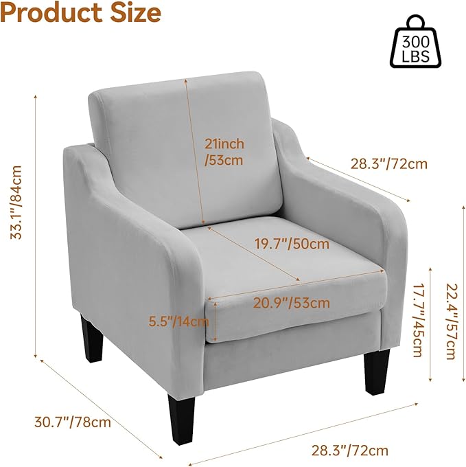 Accent Chair for Living Room, Modern Velvet Living Room Chairs with Wide Backrest, Upholstered Comfy Chair with Cushion, Oversized Sofa Chair with Wood, Single Armchair for Bedroom, Grey