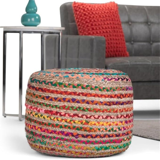 SIMPLIHOME Margo Boho Round Pouf in Multi Color Braided Jute for the Living Room, Bedroom and Kids Room