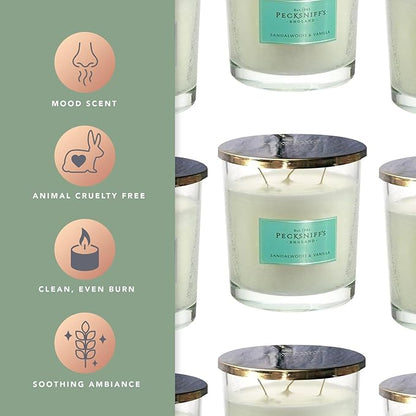 Pecksniff's Sandalwood & Vanilla 3-Wick Tall Candle | 550g/19.4oz | White Glass Vessel with Metal Lid