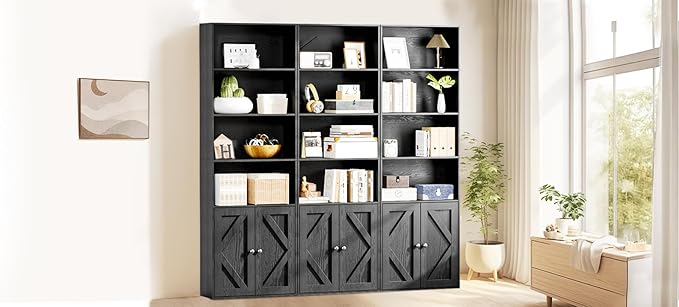 Bookshelf, 6-Tier Floor Bookcase with 2 Bottom Doors, 9.29"x23.62"x70.86", Storage Cabinet Bookshelves for Home Office, Living Room, Bedroom-Black