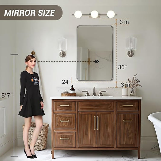 ANDY STAR Mirror for Bathroom, 24x36 Inch Brushed Nickel Bathroom Rectangle Mirror for Wall, Modern Rectangular Thick Tube Metal Frame for Vanity Over Sink, Explosion-Proof Film, Horizontal/Vertical
