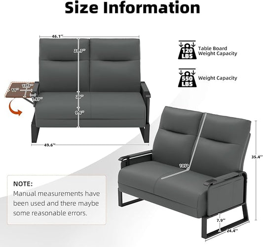 Faux Leather Loveseat, Upholstered Loveseat with Side Tray Table & Storage Pocket, Small Loveseat for Living Room, Modern 2 Seater Sofa Couch for Small Spaces, Bedroom, Gray
