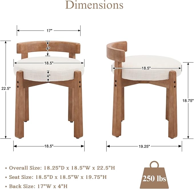 Modern Vanity Chair Upholstered Small Ottoman Footstool, Make Up Stool Linen Fabric with Backrest Wooden Frame for Living Room Bedrooms, 2PCS, Beige