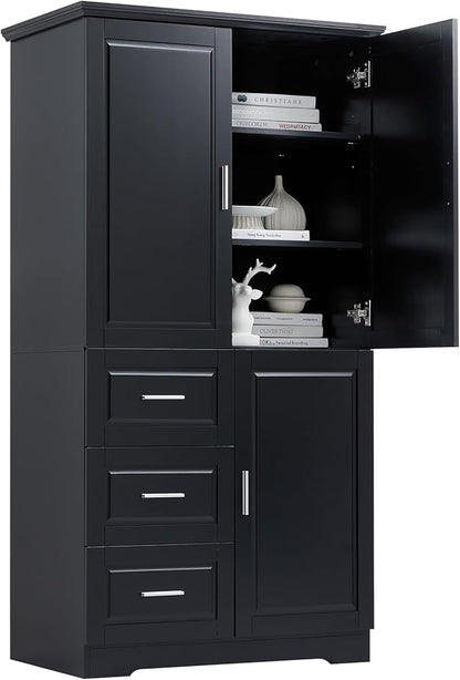Merax 62.2" Wide Storage Cabinet Pantry Cupboard with Doors and Drawers for Home Kitchen, Bathroom and Living Room, Adjustable Shelf, Black
