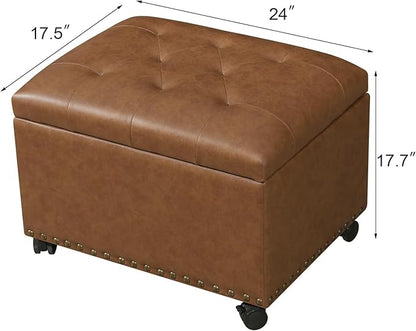 24" Leather Storage Ottoman with Steerable Rolling Wheels, Rectangle Foot Rest Ottoman with Storage for Living Room Bedroom, Vintage Golden Brown