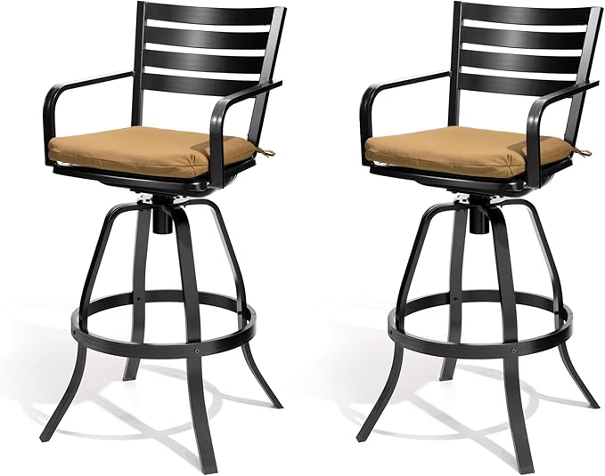 Pellebant 29.5" Sunbrella Outdoor Bar Stools Set of 2, Aluminum Swivel Patio Bar Height Bar Stools with Back & Footrest, Rust-Proof Tall Barstools for Deck Lawn Garden,Teak