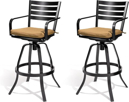 Pellebant 29.5" Sunbrella Outdoor Bar Stools Set of 2, Aluminum Swivel Patio Bar Height Bar Stools with Back & Footrest, Rust-Proof Tall Barstools for Deck Lawn Garden,Teak
