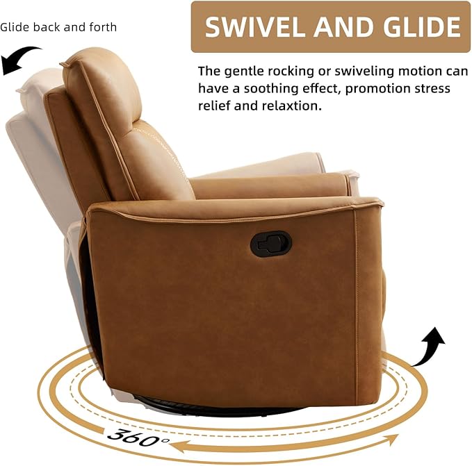 CANMOV Swivel Rocker Recliner, Glider Rocking Chair, Nursing Chairs Swivel Glider Recliners with Soft Backrest, Leathaire Manual Reclining Sofa for Living Room Bedroom Apartment, Brown