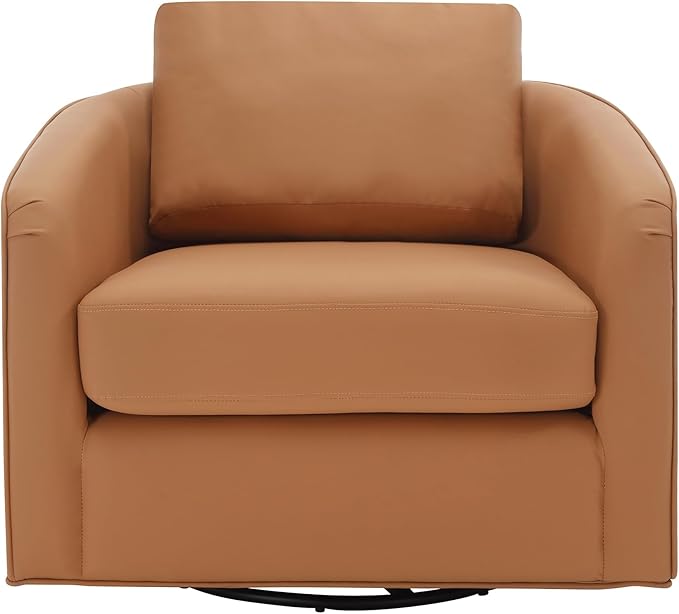 MINCETA Oversized Accent Chair for Living Room, 360° Swivel Barrel Chair with High Density Foam, Modern Reading Chair with PU Leather Upholstered Armchair for Apartment, Bedroom Brown
