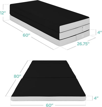 Best Choice Products 4in Portable Queen-Size Mattress, Tri-Fold Mattress for Camping, Guest, Toddler, Foam Plush w/Carry Case - Onyx Black