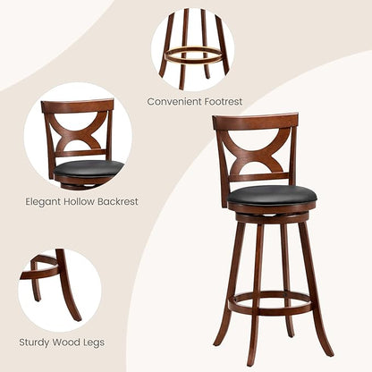COSTWAY Bar Stools Set of 2, 30.5” 360-Degree Swivel Chairs with Soft Cushion & Elegant Hollow Backrest, Rubber Wood Footrests, Upholstered Swivel Bar Stools for Kitchen Island, Pub, Café (2, 30.5‘’)