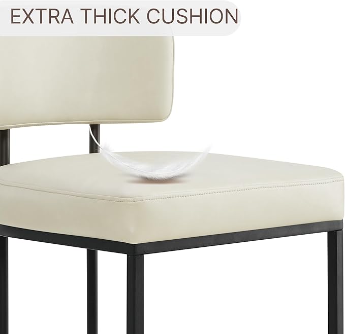 26" H Counter Height Bar Stools Set of 2, Modern Faux Leather Upholstered Barstools with Backrest for Kitchen Island, Black Metal Frames, Cream