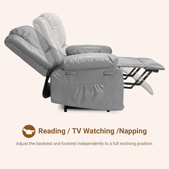PU Leather Electric Power Lift Chair, Recliner Massage Chair with Remote Control and Side Pocket for Elderly, Power Lift Recliner Sofa with Heat and Massage for Living Room, Bedroom, Gray