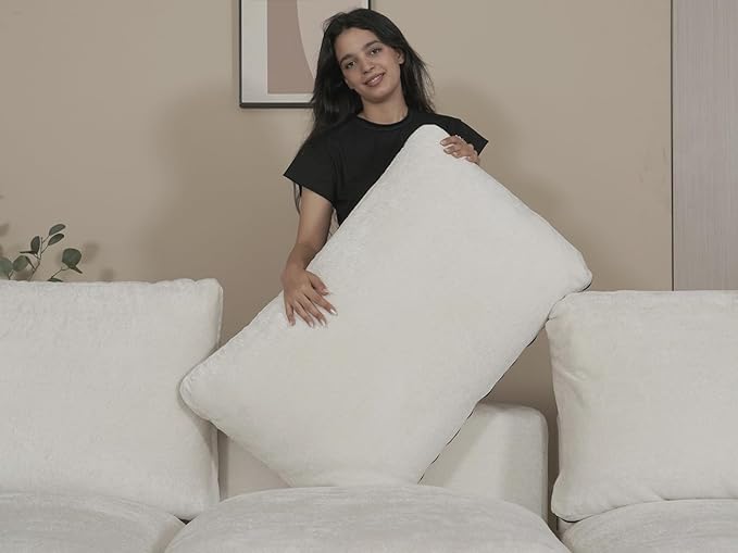 EASE MOOSE Oversized Boneless Cloud Couch for Living Room, Modular Sectional Sofa L-Shape, Cloud Sofa Set with Fluffy Foam, 4-Seat Deep Comfy Sofa with Ottoman for Bedroom Apartment, Chenille (White)