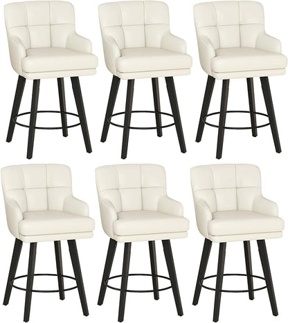 360°Swivel Counter Height Bar Stools with Back, 26 inch Solid Wood Legs, Bar Stool Modern Kitchen Island Chairs, Faux Leather (Beige- Faux Leather, 26" H- Set of 6)