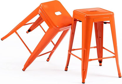 Vogue Furniture Direct 24" Bar Stools Backless Metal Barstools Indoor-Outdoor Counter Height Stools with Square Seat, Set of 2 (Orange)