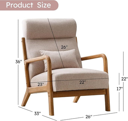 Accent Chair Mid Century Modern Chair Linen Fabric Living Room Chairs with Solid Wood Frame Comfy Upholstered and Lumbar Pillow Reading Side Chair Easy Assembly for Bedroom (1, Beige)