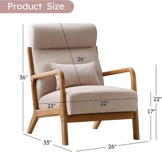 Accent Chair Mid Century Modern Chair Linen Fabric Living Room Chairs with Solid Wood Frame Comfy Upholstered and Lumbar Pillow Reading Side Chair Easy Assembly for Bedroom (1, Beige)