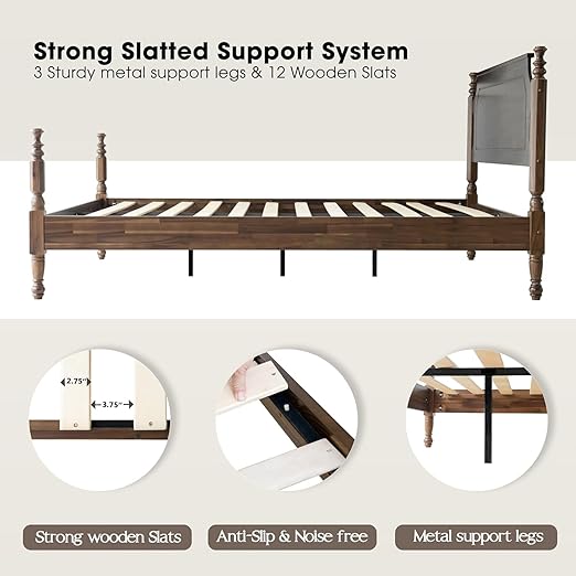 King Size Platform Bed Frame with Headboard & Footboard, Center Metal Legs with Solid Wood 12 Sturdy Slatted, Easy Assembly, No Box Spring Needed, Anti-Noise & Slip-Free, Walnut Finish, ROK-37