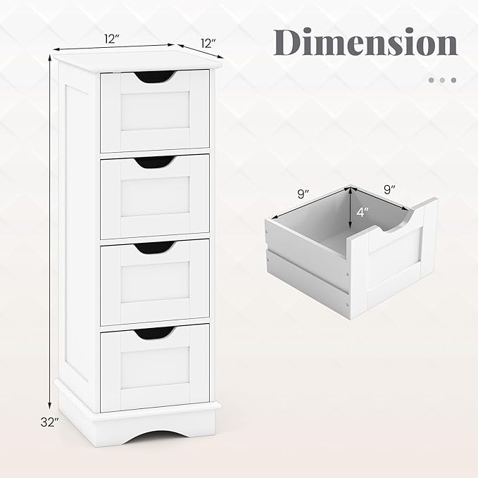 Giantex Bathroom Storage Cabinet with 4 Drawers, 32" Freestanding Storage Organizer Unit with Cutout Handles, Anti-Tipping Device, Narrow Floor Cabinet for Hallway, Living Room, Entryway (White)
