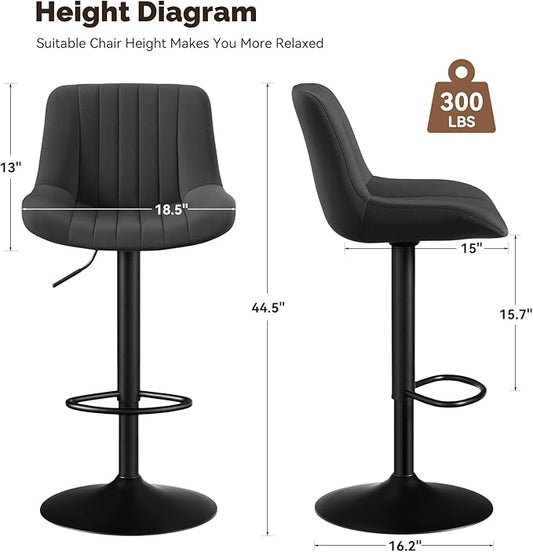 Nalupatio Bar Stools Set of 2, Adjustable Modern Swivel Bar Stools with Backs, Counter Height Performance Fabric Island Chairs for Home Kitchen, Black