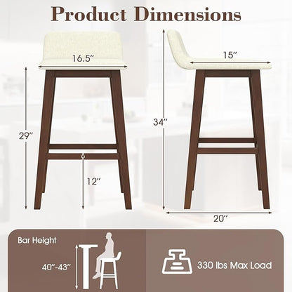 COSTWAY Wooden Bar Stools Set of 2, 29-inch Height Upholstered Padded Seat, Low Backrest, Footrest, Rubber Wood Legs, Armless Bar Chairs for Kitchen Counter Island, Dining Room, Brown+Beige