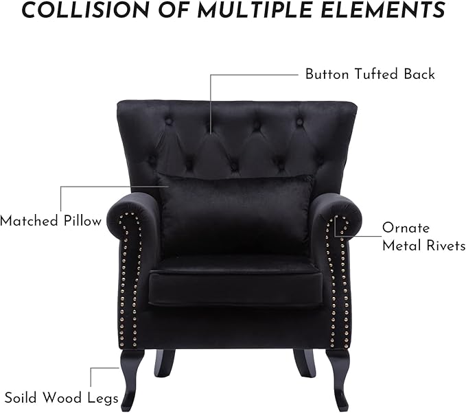 Accent Reading Arm Chairs for Living Room Bedroom, Midcentury Modern Comfy Corner Sofa Chair, Wingback Waiting Room Club Chair with Button Tufted Back &Lumbar Pillow, Velvet Black