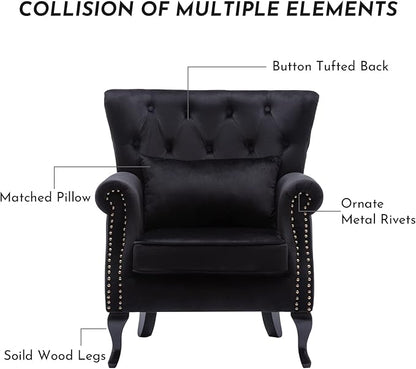 Accent Reading Arm Chairs Set of 2 for Living Room Bedroom, Midcentury Modern Comfy Corner Sofa Chair, Wingback Waiting Room Club Chair with Button Tufted Back &Lumbar Pillow, Velvet Black