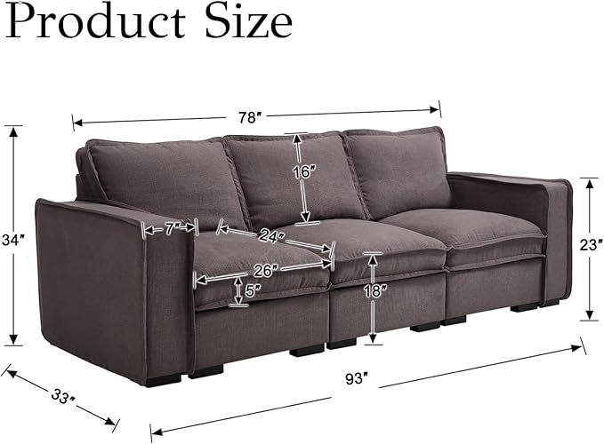 EALSON 93 Inch Modular Sectional Sofa Modern Comfy 3-Seater Couch Sofa Linen Fabric Upholstered Cloud Couches with 24" Deep Seat and Wooden Legs for Bedroom/Living Room/Office, Grey