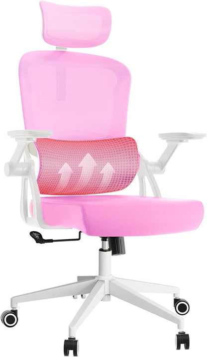 Ergonomic Office Chair - 400LB Comfy Desk Chairs with Adjustable Headrest and Lumbar Back Support, Mesh Computer Chairs with Wheels and Arms for Home Office, Study, Bedroom and Dorm (01pink)