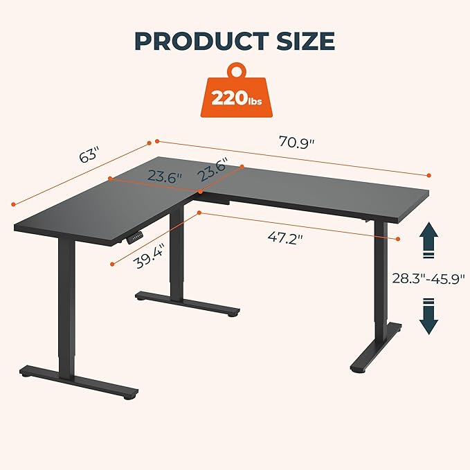 L-Shaped Standing Desk, 71 x 63 Inches Height Adjustable Desk with Storage, Sit and Stand up for Work Office Home, Ergonomic Rising Computer Table for Home Office with Splice Board, Black
