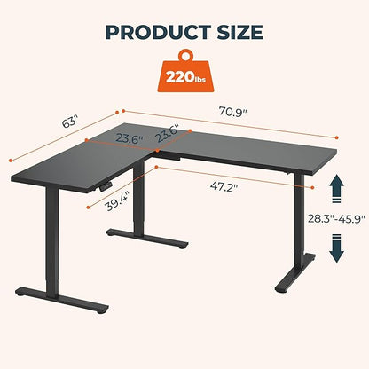 L-Shaped Standing Desk, 71 x 63 Inches Height Adjustable Desk, Sit and Stand up for Work Office Home, Ergonomic Rising Computer Table for Home Office with Splice Board, Black