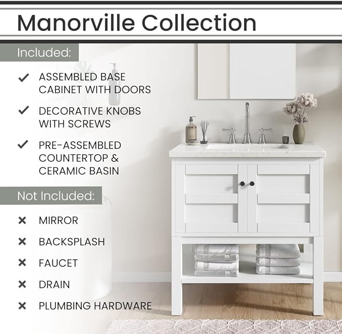 Hanover Manorville 31'' Vanity Cabinet with Sink Combo for Bathroom, Powder Room | Pre-Assembled Cabinet | 2 Doors, Bottom Shelf | Artificial Stone Marble Countertop, White Cabinet | HANVN0101-31-1WH