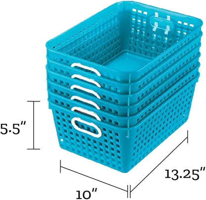 Really Good Stuff Multi-Purpose Plastic Storage Baskets for Classroom or Home Use - Stackable Mesh Plastic Baskets with Grip Handles 13" x 10" (Neon Blue - Set of 12)
