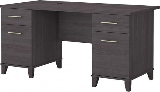 Bush Furniture 60-inch Home Office Desk with Drawers, Large Computer Table with Storage, Transitional Style, Somerset Collection, Storm Gray