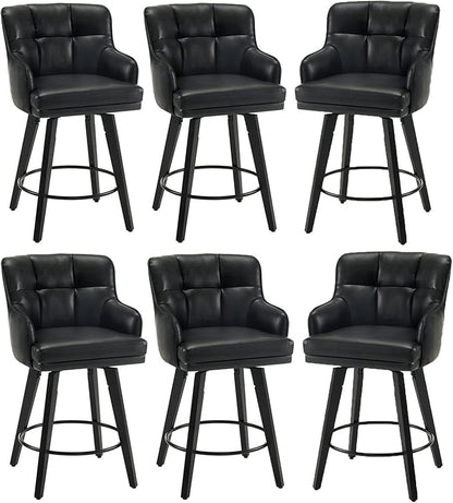360°Swivel Counter Height Bar Stools with Back, 26 inch Solid Wood Legs, Bar Stool Modern Kitchen Island Chairs, Faux Leather (Black- Faux Leather, 26" H- Set of 6)
