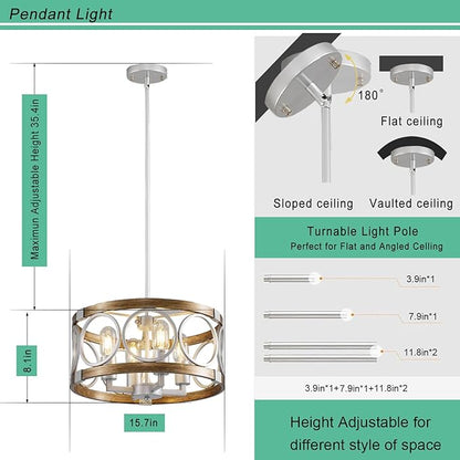 Silver Farmhouse Chandelier Light Fixture, 4-Light Kitchen Lighting Fixture Ceiling Mount, Rustic Round Ceiling Hanging Kitchen Island Lighting for Dining Room Bedroomxture