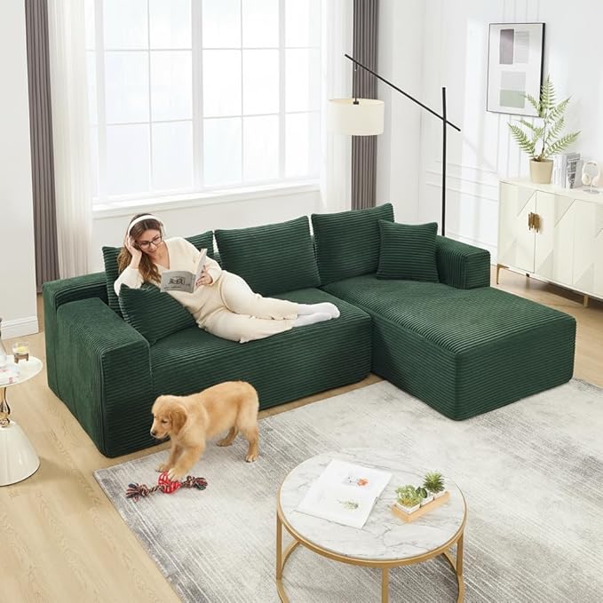 PELUMY 108.7" L-Shaped Modular Sectional Sofa with Oversized Chaise, Cloud Couch with Memory Foam, No Assembly Required Sleeper Sofa for Small Space Living Room, Apartment (Green, Corduroy)