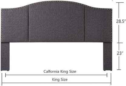 24KF Middle Century Dark Gray Upholstered Foldable Headboard with Antique Brass Nail Heads Trim King/California King headboard-60232-Dark Gray
