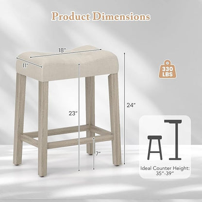COSTWAY Wooden Saddle Stools Set of 4, 24-inch Counter Height Upholstered Backless Bar Stools with Solid Rubber Wood Legs, Padded Seat, Farmhouse Dining Chairs for Kitchen Island, Cafe, Beige