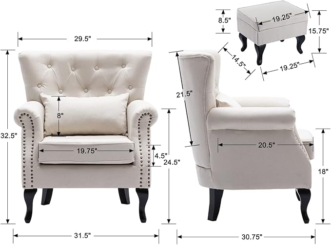 Mid Century Modern Accent Chair Upholstered Armchair Comfy Linen Fabric Tufted Wingback Single Sofa with Ottoman for Bedroom Living Room, Beige