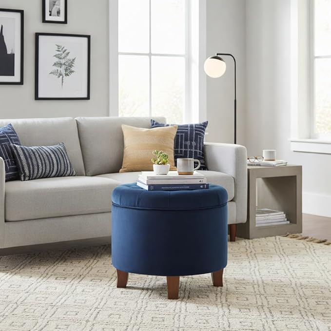 Homepop Home Decor | Upholstered Round Velvet Tufted Foot Rest Ottoman | Ottoman with Storage for Living Room & Bedroom | Decorative Home Furniture, Navy